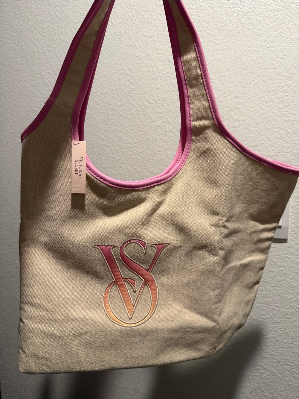 Victoria's Secret Beige Canvas Tote with Pink Trim and Ombre VS Logo